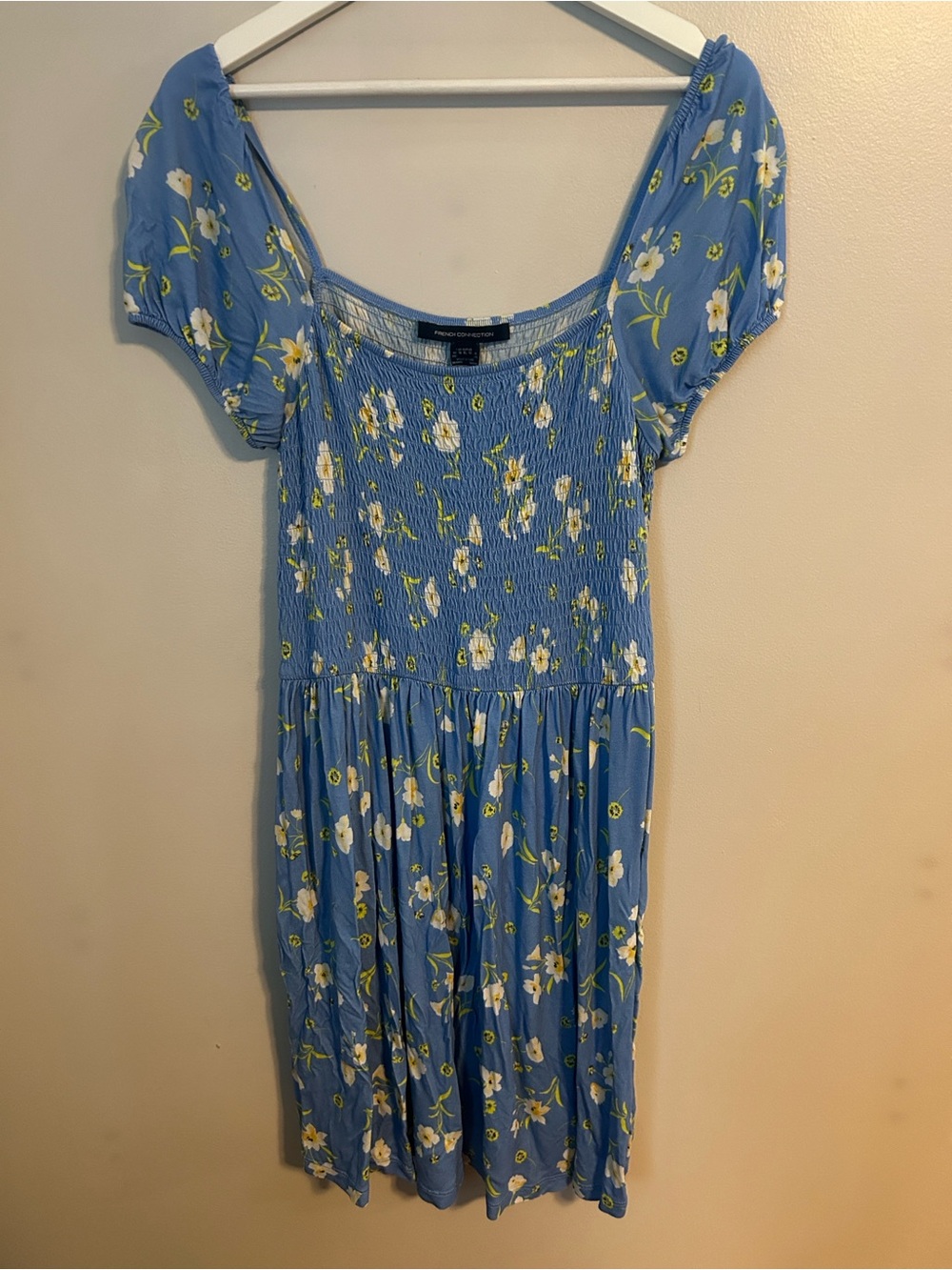 French Connection Blue Floral Smocked Mini Dress Short Sleeve